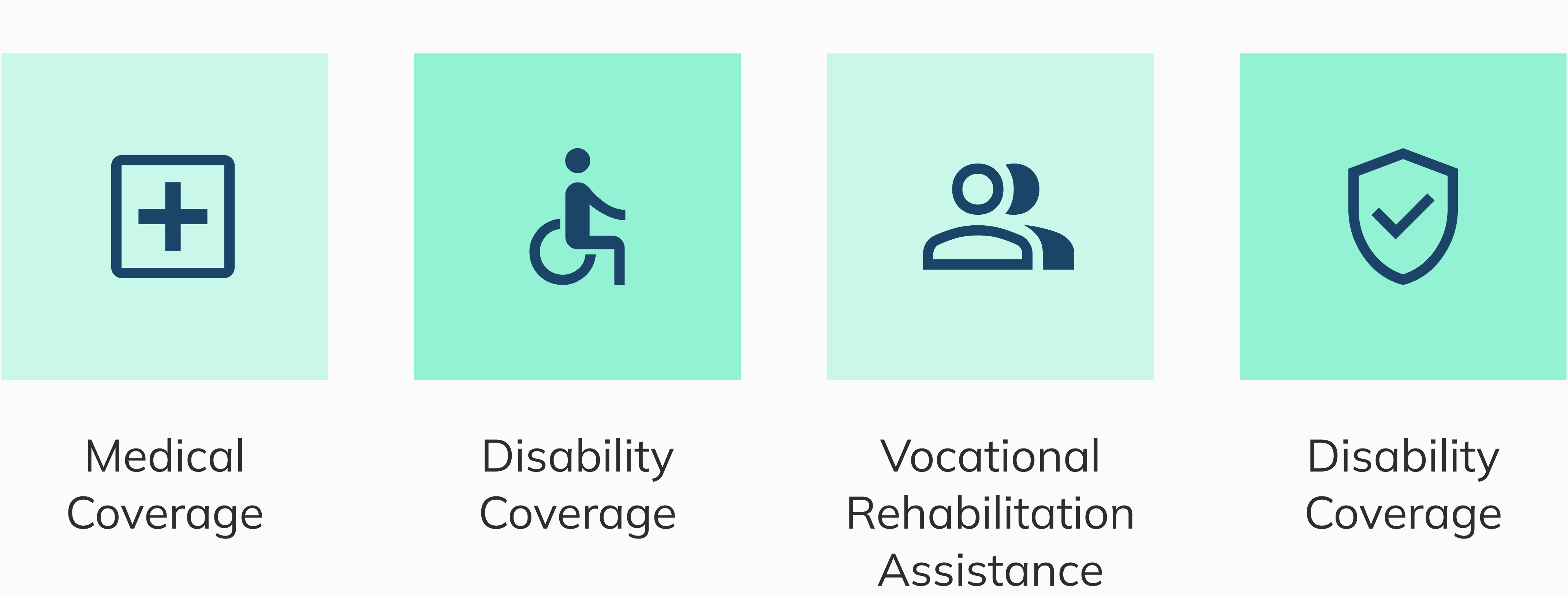 Medical Coverage, Disability Benefits, Vocational Rehabilitation Assistance, Death Benefits